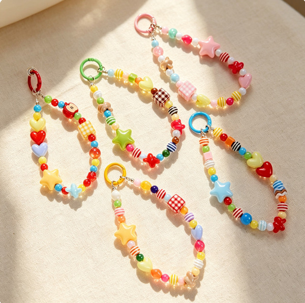 New cartoon-style, colorful, hand-painted beaded phone chain